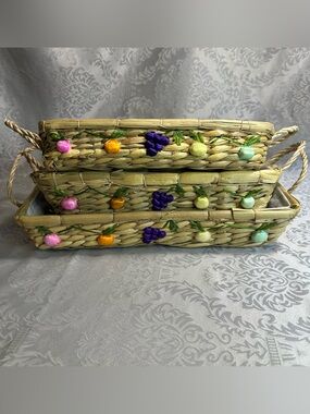 Vintage Boho Nesting Raffia Wicker Straw Lined Casserole Baskets Tray Set 3